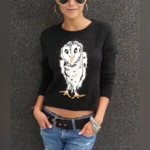 MINKPINK Knit Hootie Owl Sweater Boxy Cropped Black & Cream Soft Eyelash Yarn M